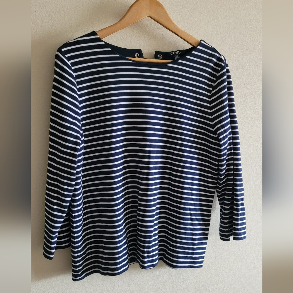 Chaps Lace-Up Back Striped Top, Women's XL, Classic Navy Blue and White.